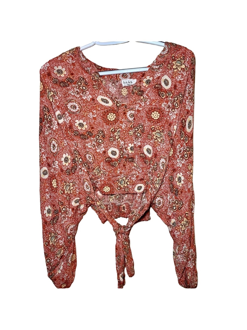 Nicole Miller NY Women’s Bohemian Long Sleeve V Neck‎ Cropped Tie Back Blouse M